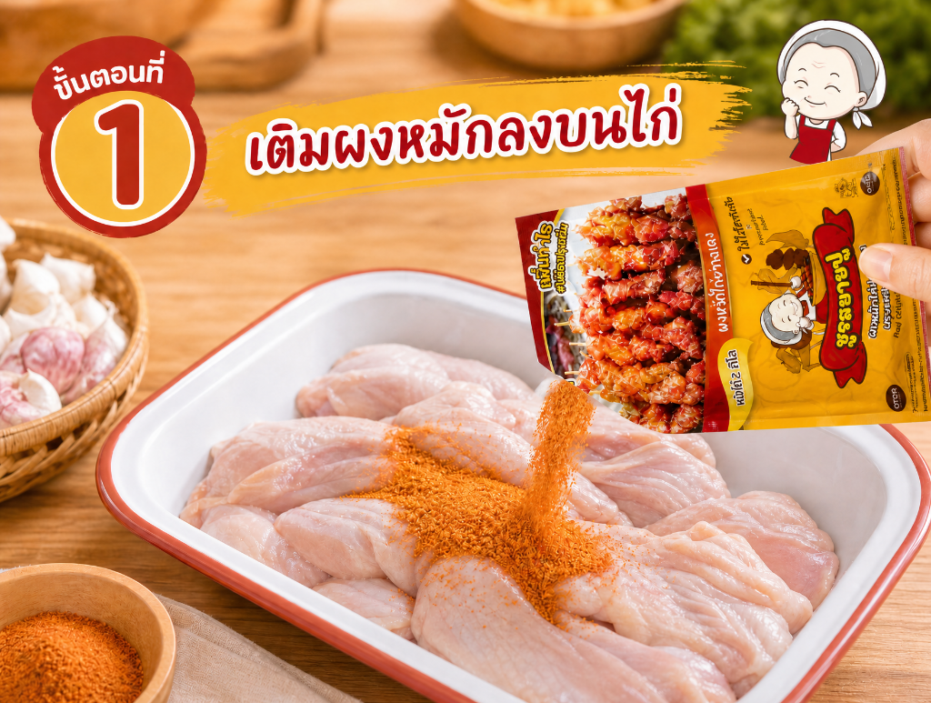 เติมผงหมักลงบนไก่